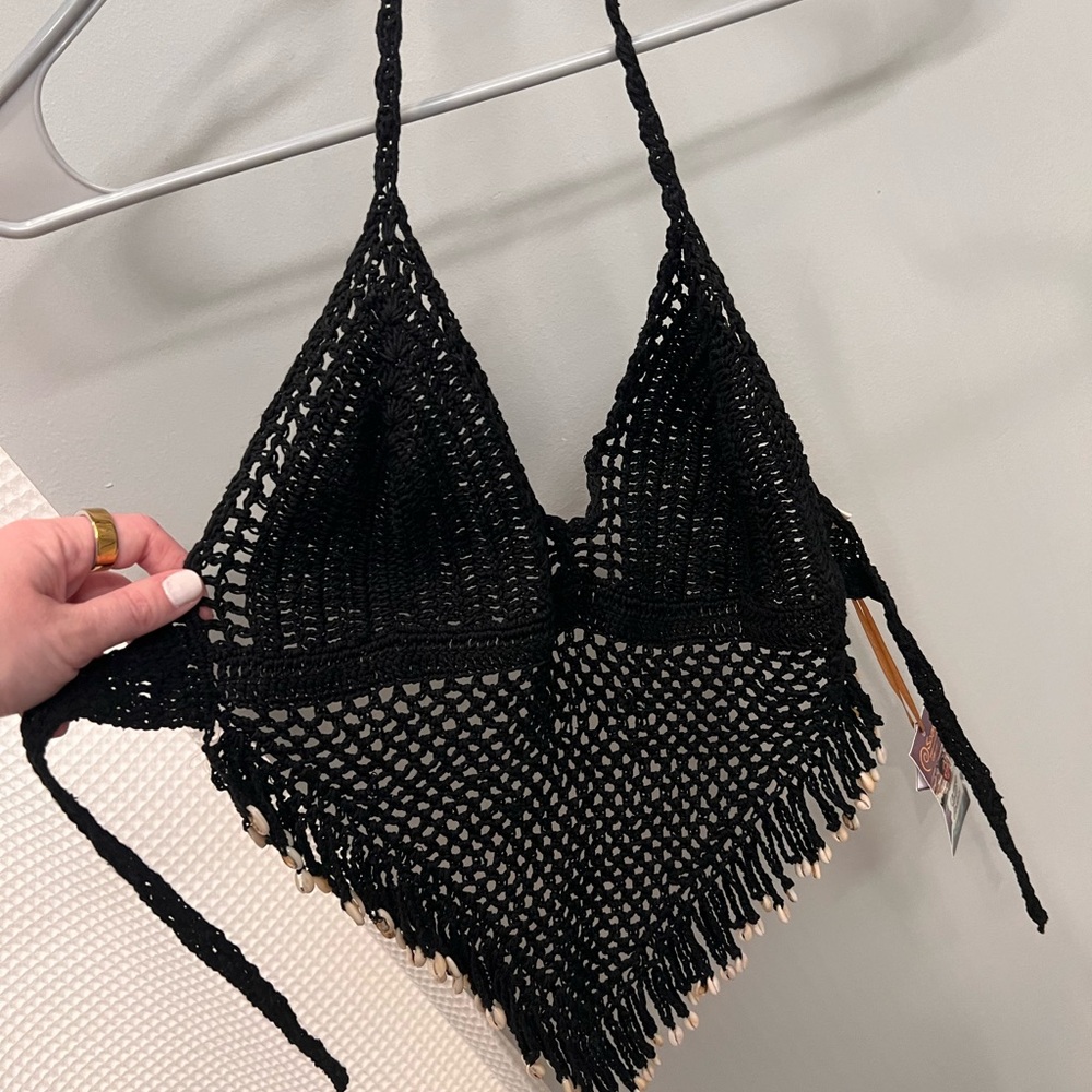 NWT Black Crochet Halter Top with Shell Fringe